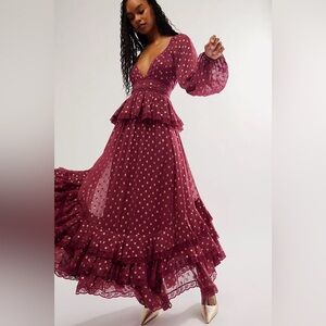 FREE PEOPLE x ROCOCO SAND Emi Burgundy and Gold Tiered Long Sleeved Dress L